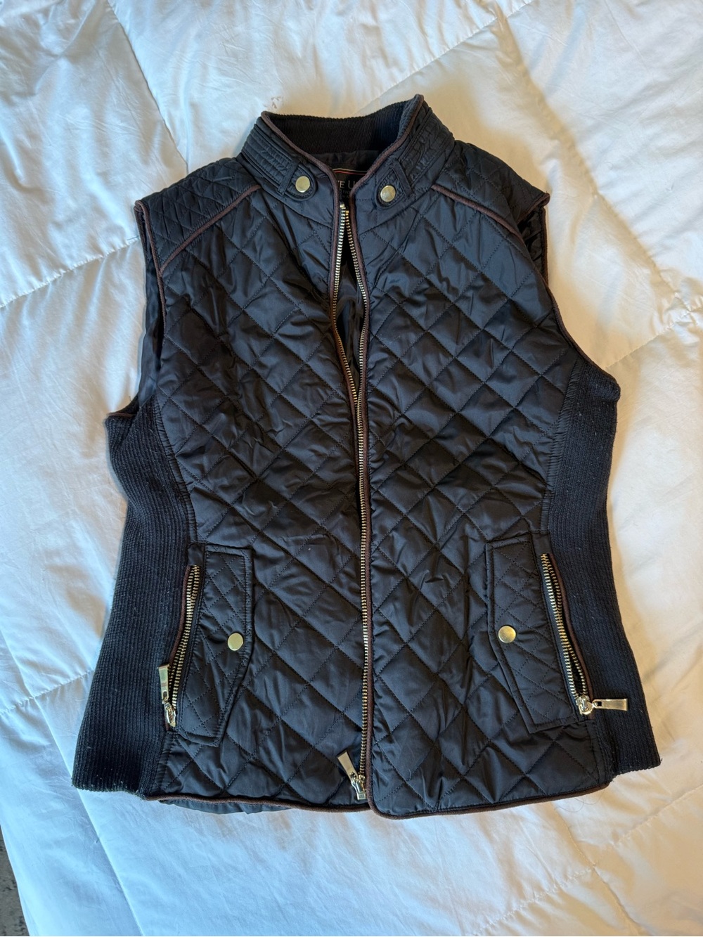 Active USA Black Quilted Sleeveless Vest with Gold Hardware